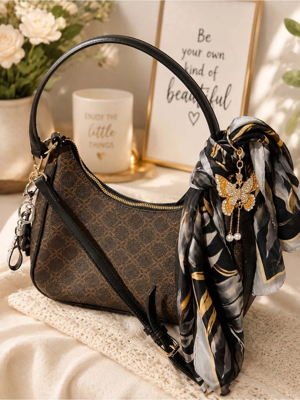 Elegant Black & Gold Leaf Print Women's Scarf with Butterfly Charm